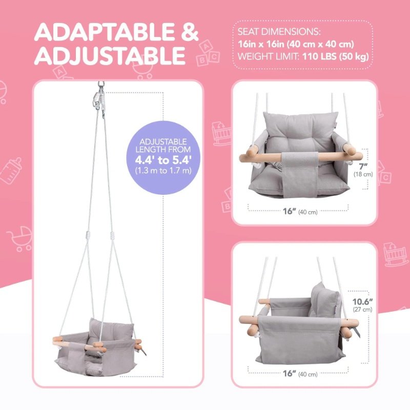 Canvas Baby Swing Wooden Hanging Swing Seat Chair With Safety Belt Durable Baby Swing Chair Outdoor And Indoor Swing For Kids Mounting Hardware Included Taupe Gray - Image 3