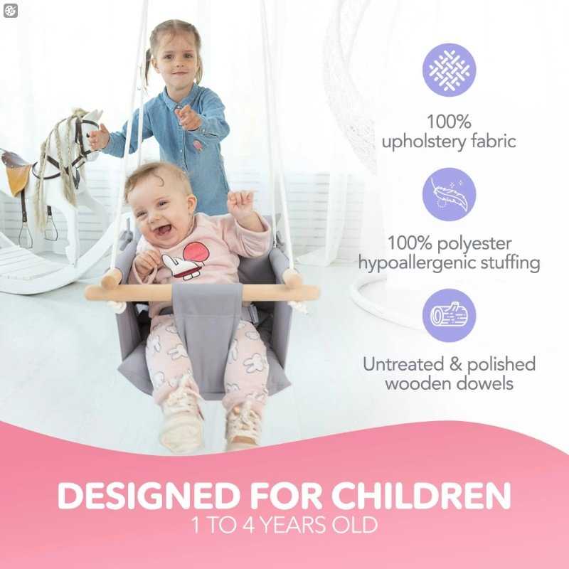 Canvas Baby Swing Wooden Hanging Swing Seat Chair With Safety Belt Durable Baby Swing Chair Outdoor And Indoor Swing For Kids Mounting Hardware Included Taupe Gray - Image 4