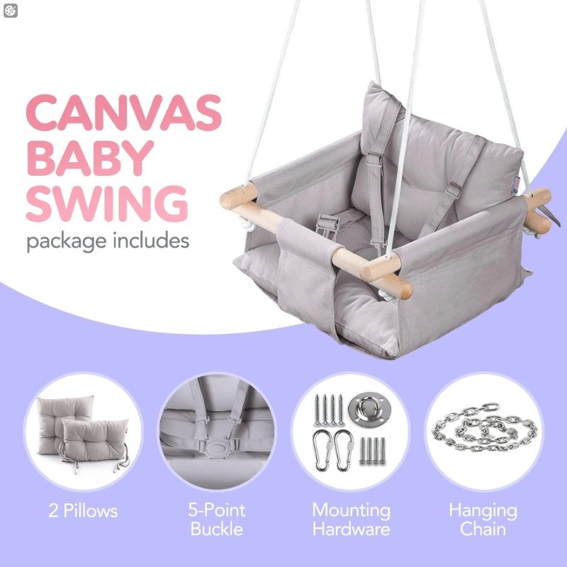 Canvas Baby Swing Wooden Hanging Swing Seat Chair With Safety Belt Durable Baby Swing Chair Outdoor And Indoor Swing For Kids Mounting Hardware Included Taupe Gray - Image 5