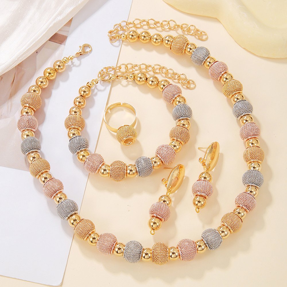 5Pcs Fashionable Metallic Beaded Necklaces Two Color Gold Bead Earrings Bracelets Suitable For Daily Wear Holiday Jewelry Gifts - Image 5