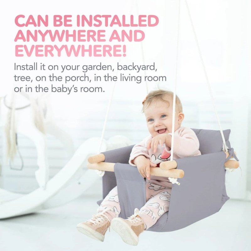 Canvas Baby Swing Wooden Hanging Swing Seat Chair With Safety Belt Durable Baby Swing Chair Outdoor And Indoor Swing For Kids Mounting Hardware Included Taupe Gray - Image 6